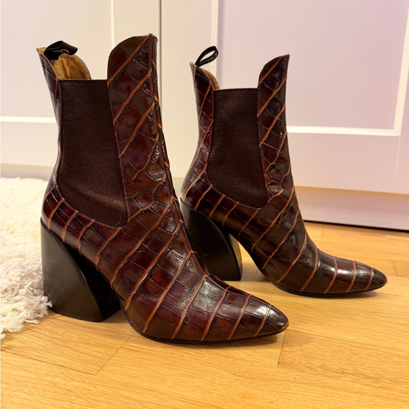 Chloe Shoes - Chloe Dark Brown Crocodile Pattern Ankle Boots